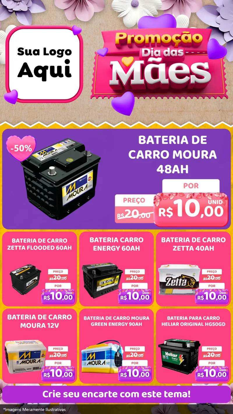 Modelo de Rede Social para Stories com o tema Promoção Dia das Mães para Baterias Elétricas