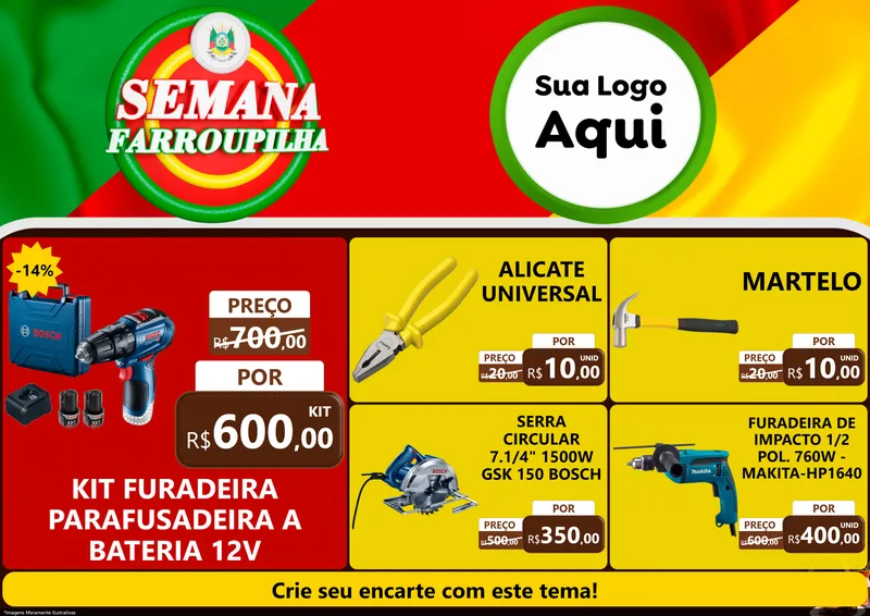 Modelo de Encarte para Encarte A4 Horizontal com o tema Semana Farroupilha para Maquinas e Ferramentas