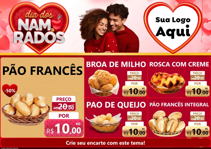 Modelo de Encarte para Encarte A4 Horizontal com o tema Dia dos Namorados para Padaria