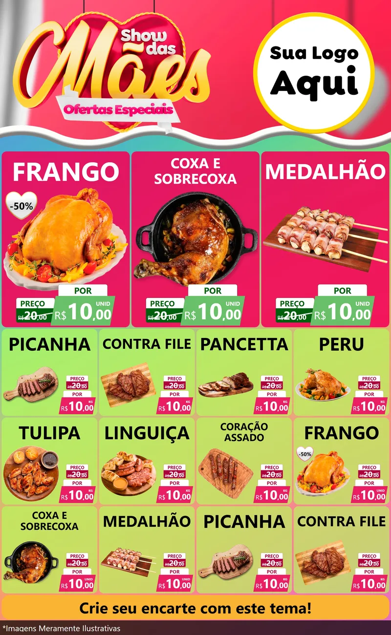 Modelo de Encarte para Encarte Grande com o tema Show das Mães - Ofertas Especiais para Assados