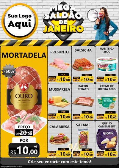 Modelo de Encarte para Encarte A4 Vertical com o tema Mega Saldão de Janeiro para Frios e Laticínios