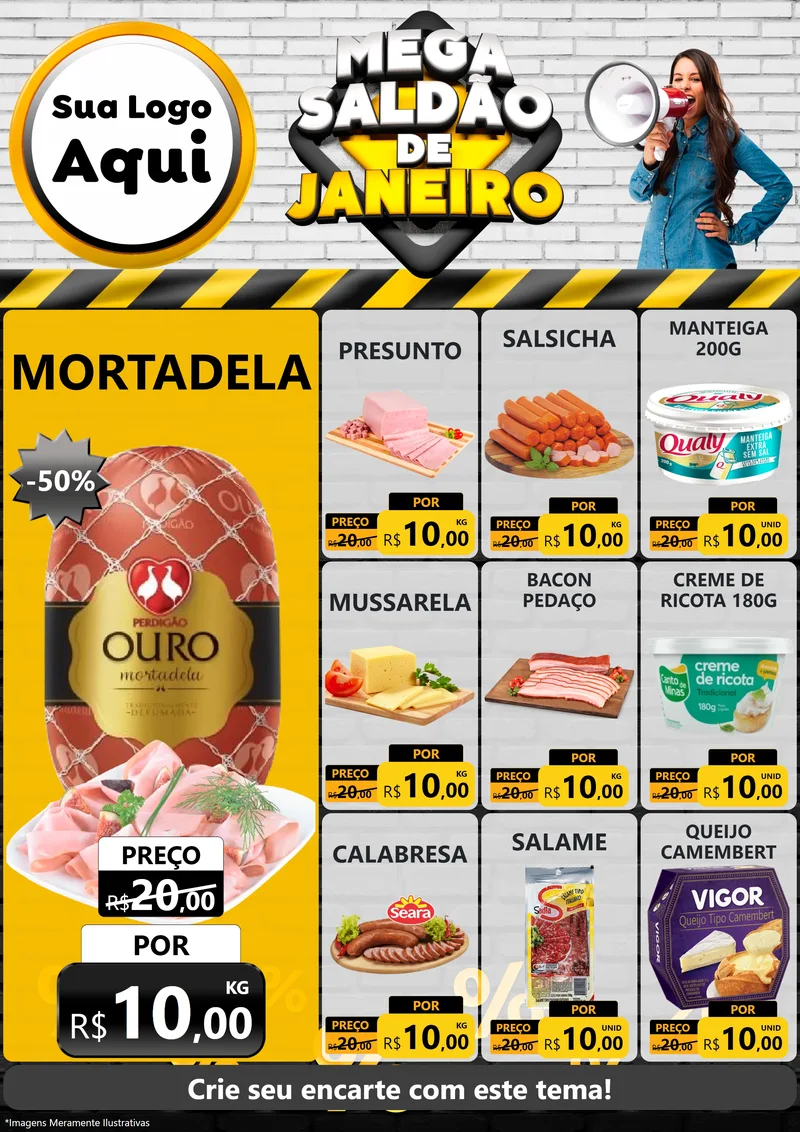 Modelo de Encarte para Encarte A4 Vertical com o tema Mega Saldão de Janeiro para Frios e Laticínios
