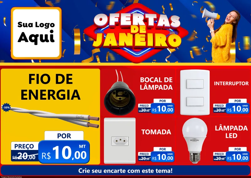 Modelo de Encarte para Encarte A4 Horizontal com o tema Ofertas de Janeiro para Materiais Elétricos