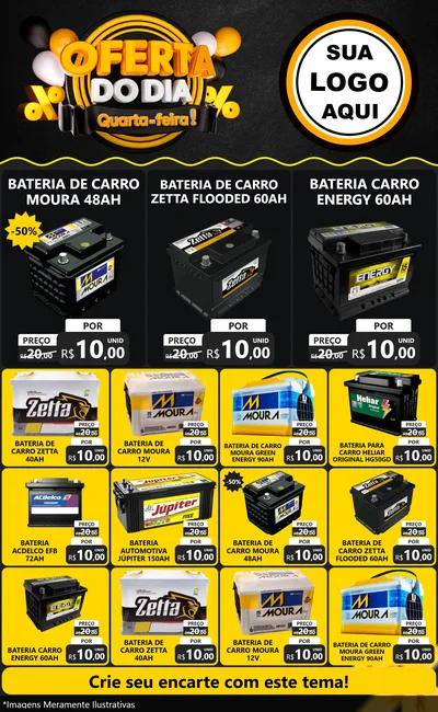 Modelo de Encarte para Encarte Grande com o tema Oferta do Dia - Quarta Feira! para Baterias Elétricas