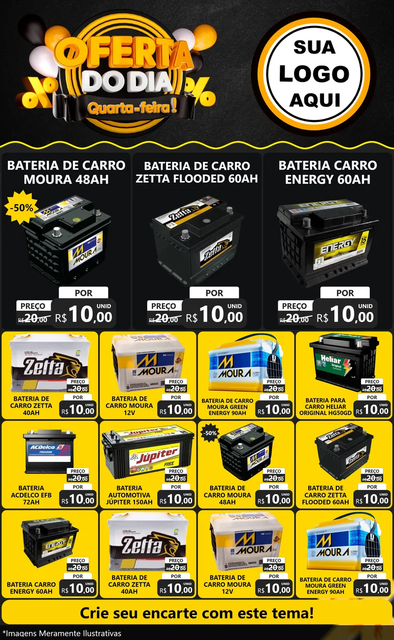 Modelo de Encarte para Encarte Grande com o tema Oferta do Dia - Quarta Feira! para Baterias Elétricas