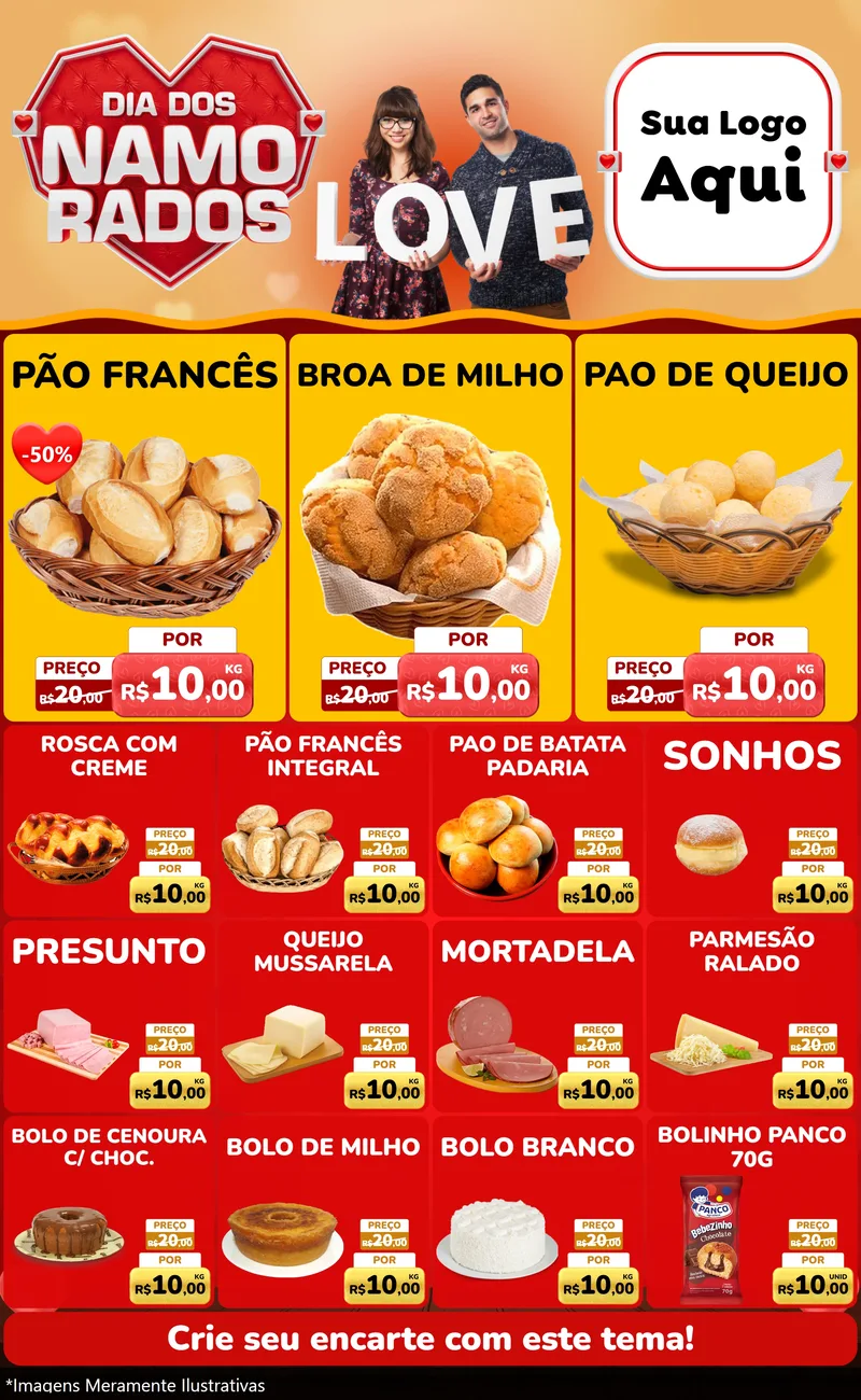 Modelo de Encarte para Encarte Grande com o tema Dia dos Namorados para Padaria