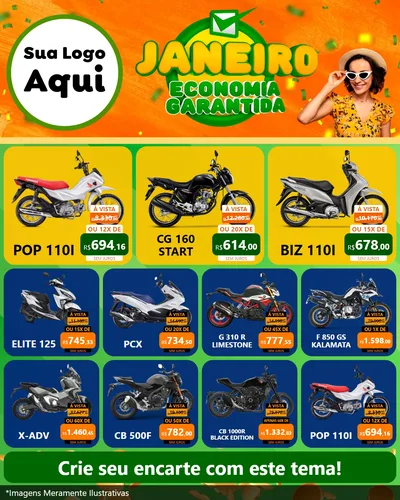 Modelo de Rede Social para Feed Instagram com o tema Janeiro - Economia Garantida para Concessionaria de Motos