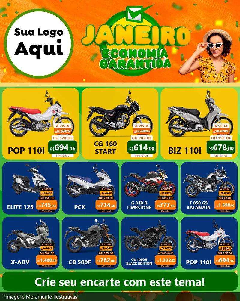 Modelo de Rede Social para Feed Instagram com o tema Janeiro - Economia Garantida para Concessionaria de Motos