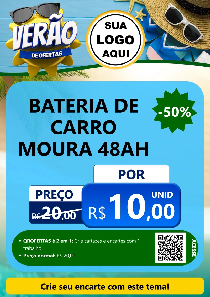 Modelo de Cartaz para Cartaz A4 Vertical com o tema Verão de Ofertas para Baterias Elétricas