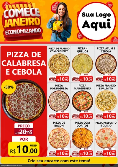 Modelo de Encarte para Encarte A4 Vertical com o tema Comece Janeiro Economizando para Pizzaria