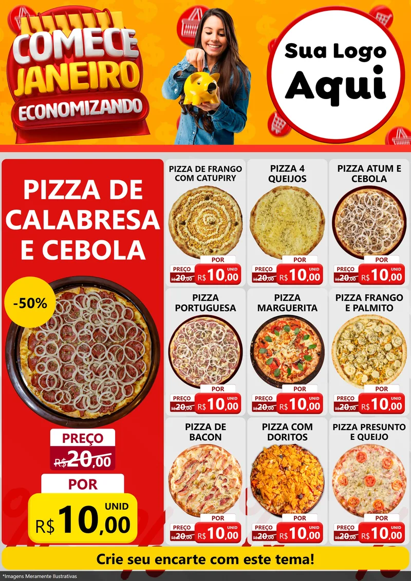 Modelo de Encarte para Encarte A4 Vertical com o tema Comece Janeiro Economizando para Pizzaria