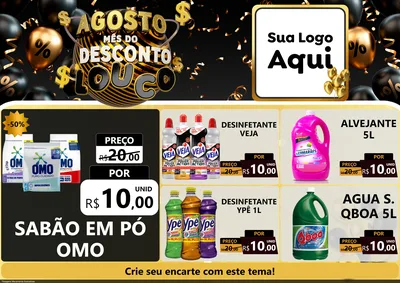 Modelo de Encarte para Encarte A4 Horizontal com o tema Agosto Mês do Desconto Louco para Produtos de Limpeza