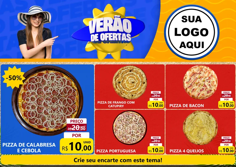 Modelo de Encarte para Encarte A4 Horizontal com o tema Verão de Ofertas para Pizzaria
