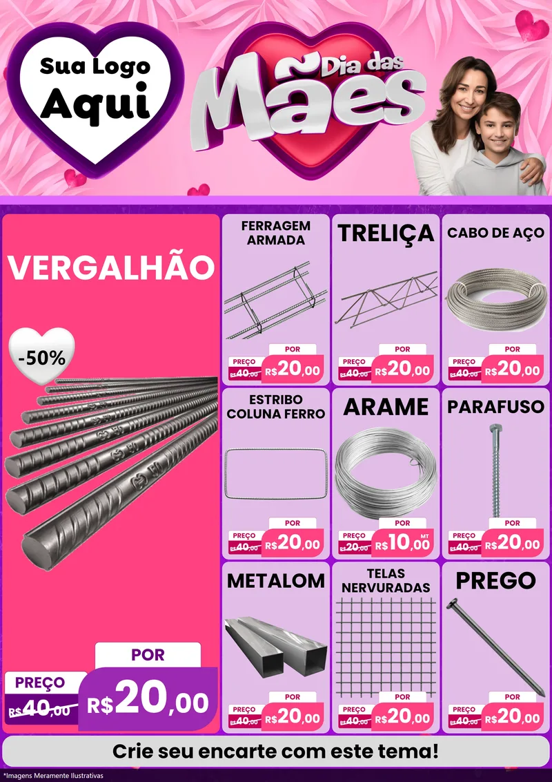 Modelo de Encarte para Encarte A4 Vertical com o tema Dia das Mães para Ferragens