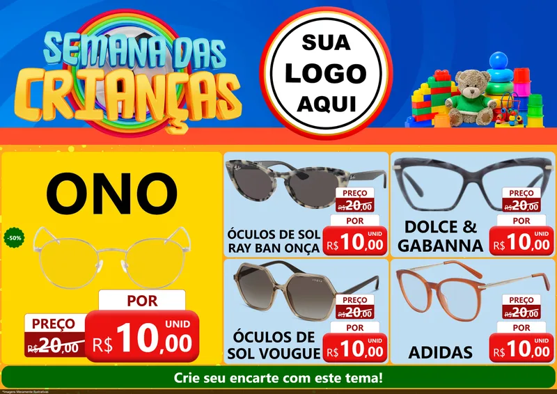 Modelo de Encarte para Encarte A4 Horizontal com o tema Semana das Crianças para Óticas