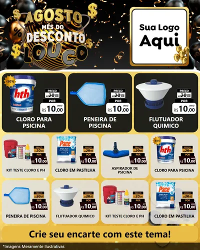 Modelo de Rede Social para Feed Instagram com o tema Agosto Mês do Desconto Louco para Produtos para Piscina