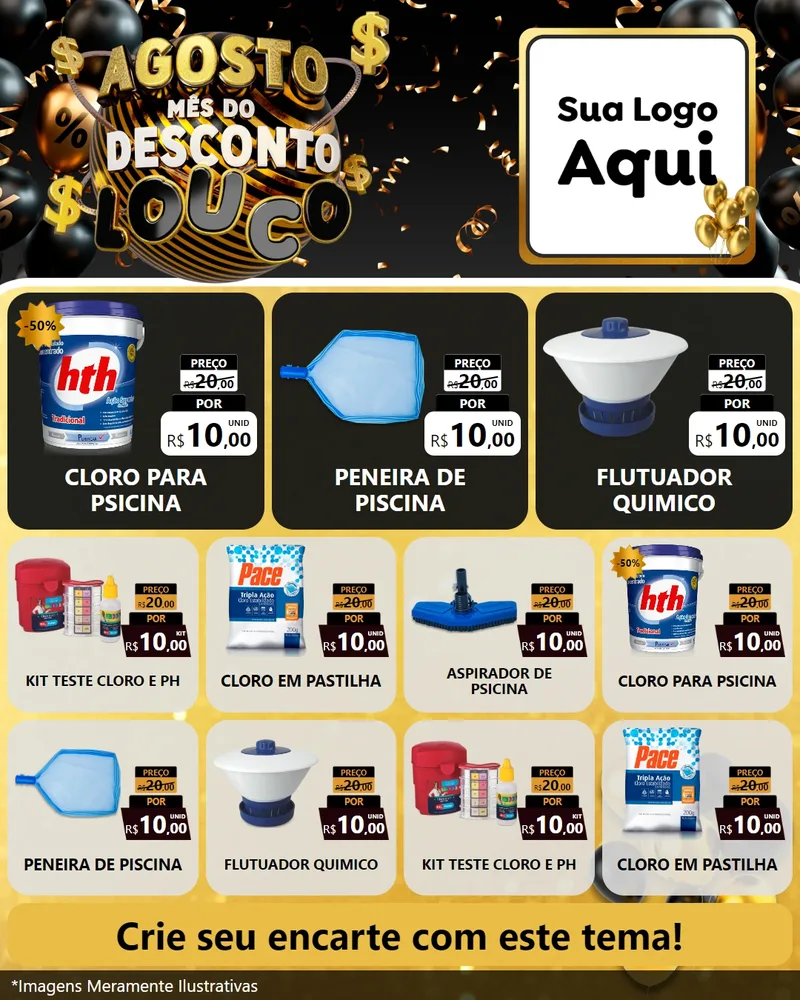 Modelo de Rede Social para Feed Instagram com o tema Agosto Mês do Desconto Louco para Produtos para Piscina