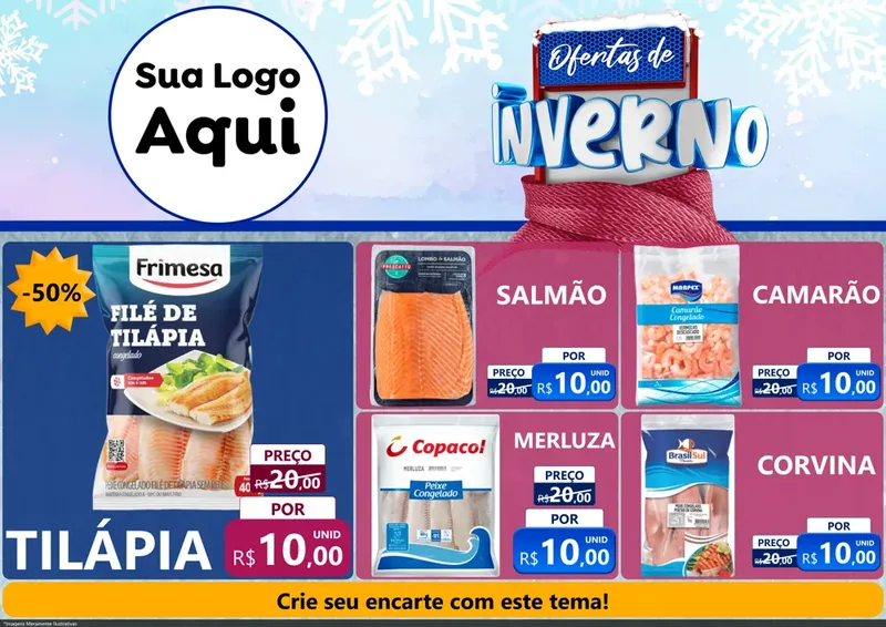 Modelo de Encarte para Encarte A4 Horizontal com o tema Ofertas de Inverno para Peixaria