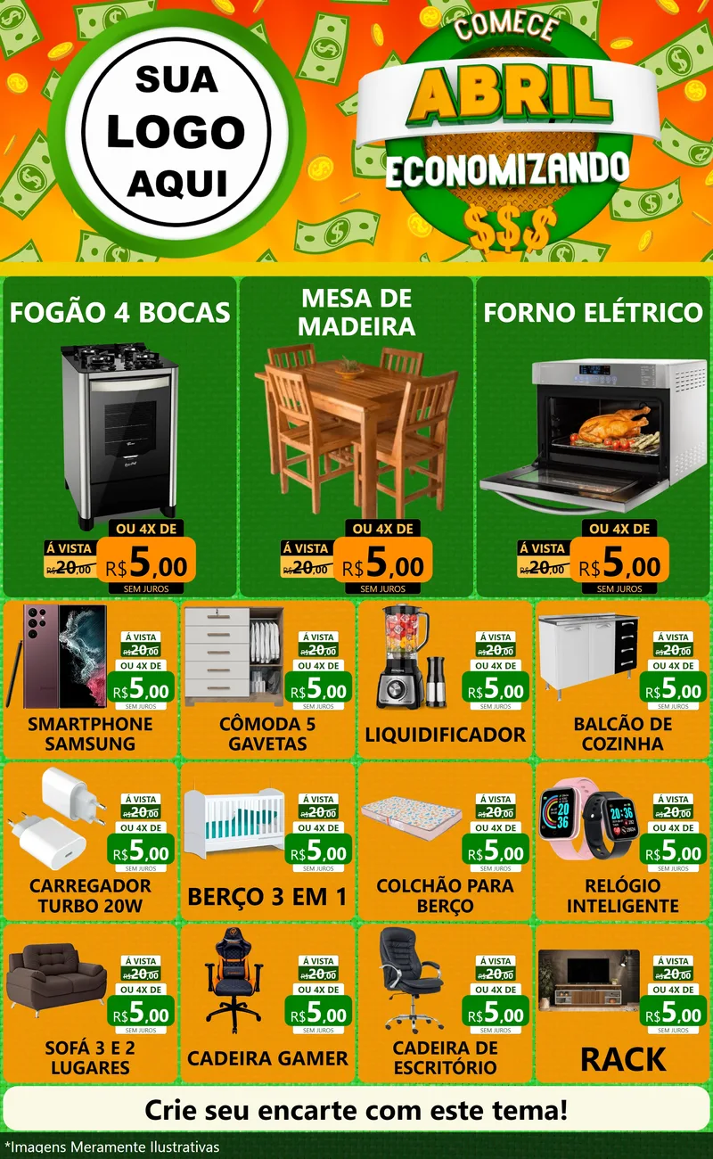 Modelo de Encarte para Encarte Grande com o tema Comece Abril Economizando para Móveis e Eletro