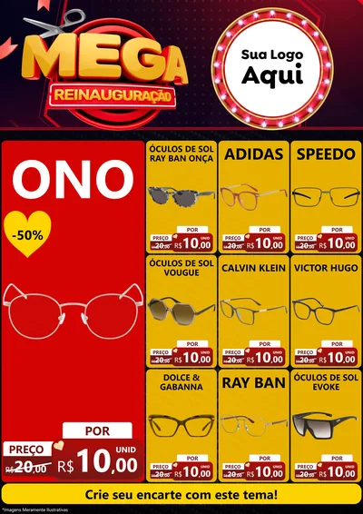 Modelo de Encarte para Encarte A4 Vertical com o tema Mega Reinauguração para Óticas