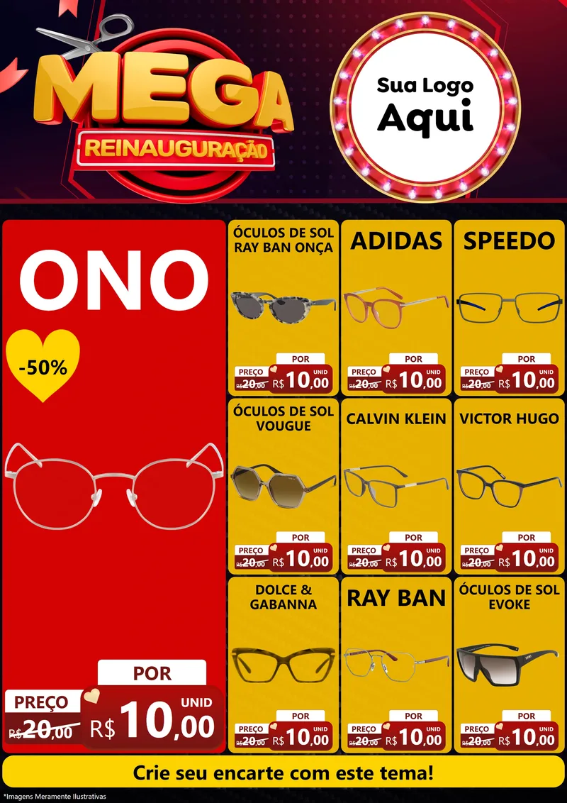 Modelo de Encarte para Encarte A4 Vertical com o tema Mega Reinauguração para Óticas