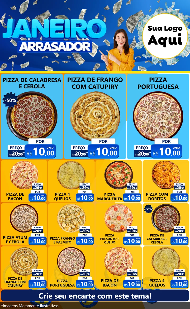 Modelo de Encarte para Encarte Grande com o tema Janeiro Arrasador para Pizzaria