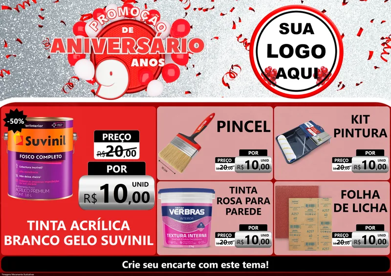 Modelo de Encarte para Encarte A4 Horizontal com o tema Promoção de Aniversário - 9 Anos para Tintas e Ferramentas