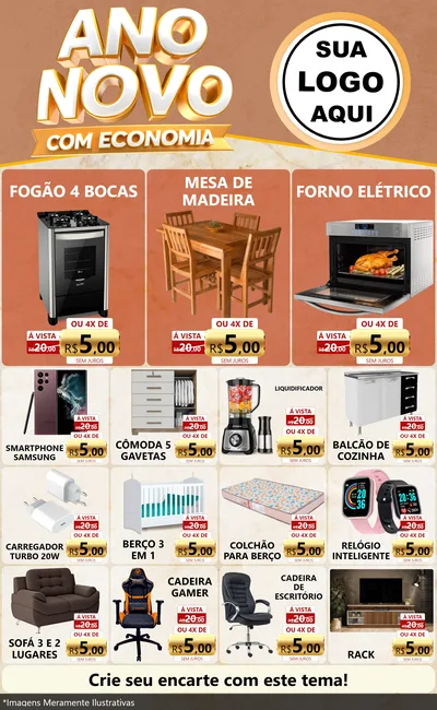 Modelo de Encarte para Encarte Grande com o tema Ano Novo Com Economia para Móveis e Eletro