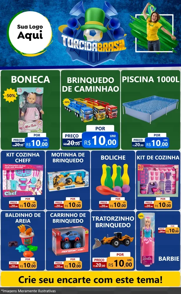 Modelo de Encarte para Encarte Grande com o tema Torcida Brasil - Copa para Brinquedos