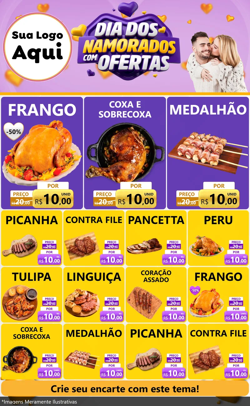 Modelo de Encarte para Encarte Grande com o tema Dia Dos Namorados Com Ofertas para Assados