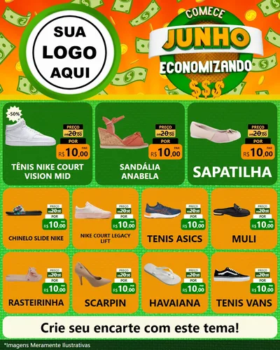 Modelo de Rede Social para Feed Instagram com o tema Comece Junho Economizando para Calçados