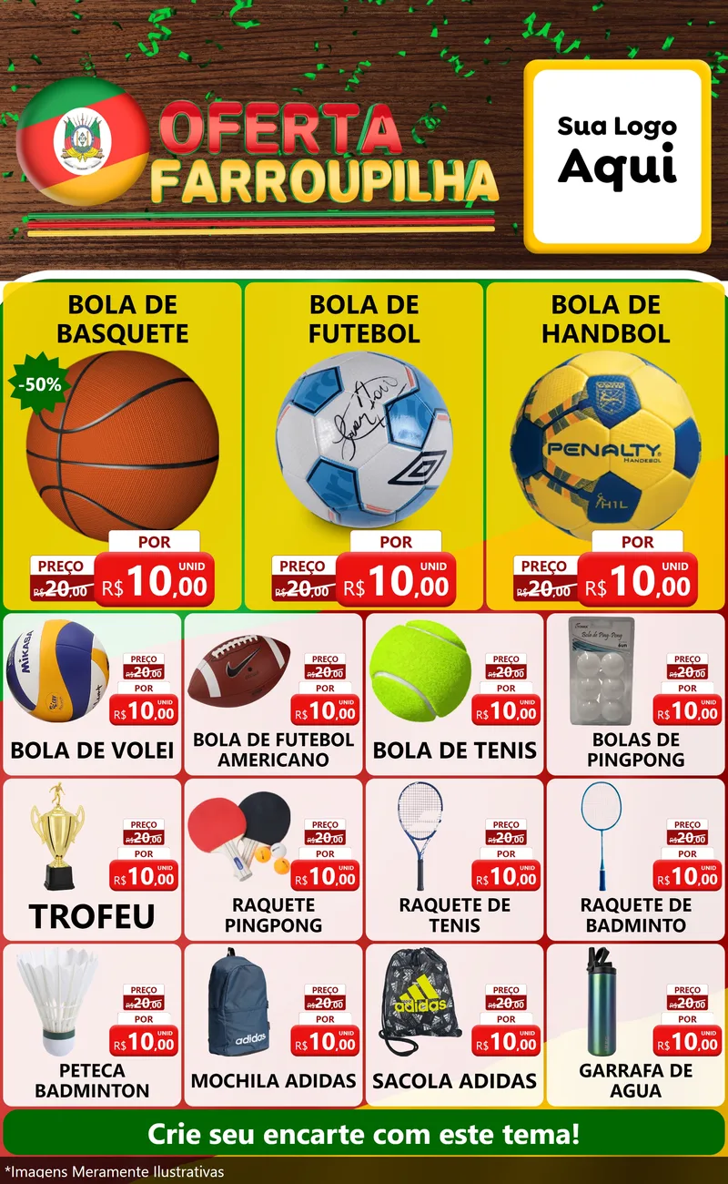 Modelo de Encarte para Encarte Grande com o tema Oferta Farroupilha para Artigos Esportivos