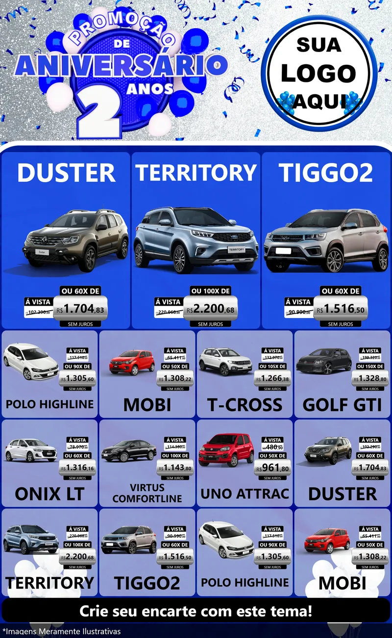 Modelo de Encarte para Encarte Grande com o tema Promoção de Aniversário - 2 Anos para Concessionaria de Carros