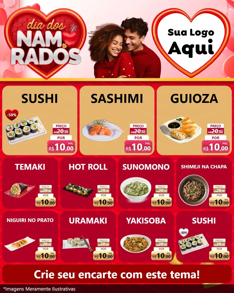 Modelo de Rede Social para Feed Instagram com o tema Dia dos Namorados para Comida japonesa