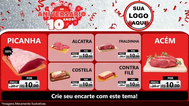 Modelo de TV para TV Horizontal com o tema Promoção de Aniversário - 10 Anos para Açougue
