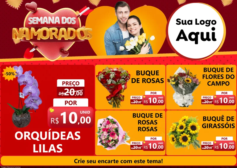 Modelo de Encarte para Encarte A4 Horizontal com o tema Semana dos Namorados para Floricultura e jardim