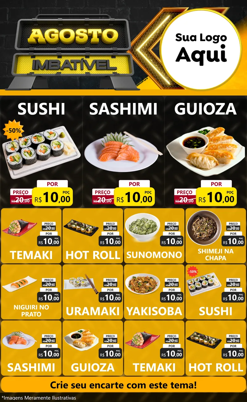 Modelo de Encarte para Encarte Grande com o tema Agosto Imbatível para Comida japonesa