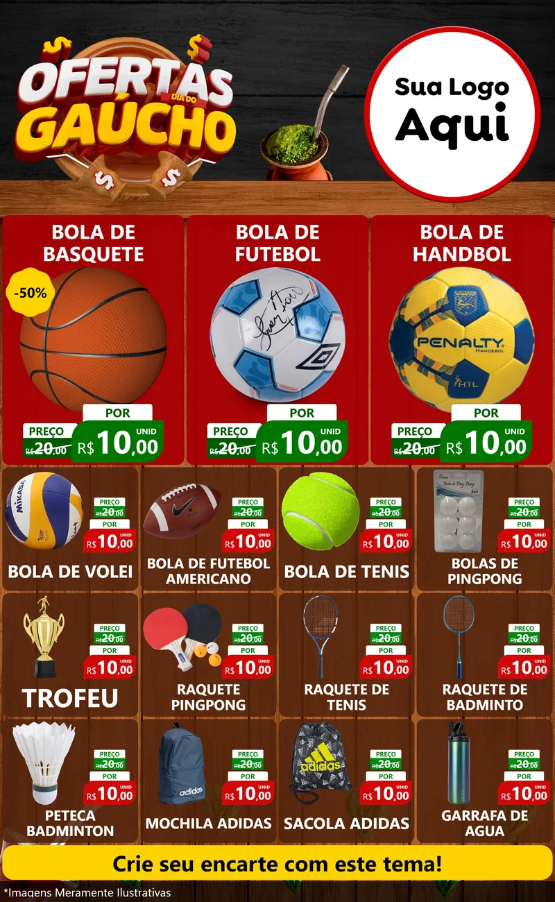 Modelo de Encarte para Encarte Grande com o tema Ofertas Dia do Gaúcho para Artigos Esportivos