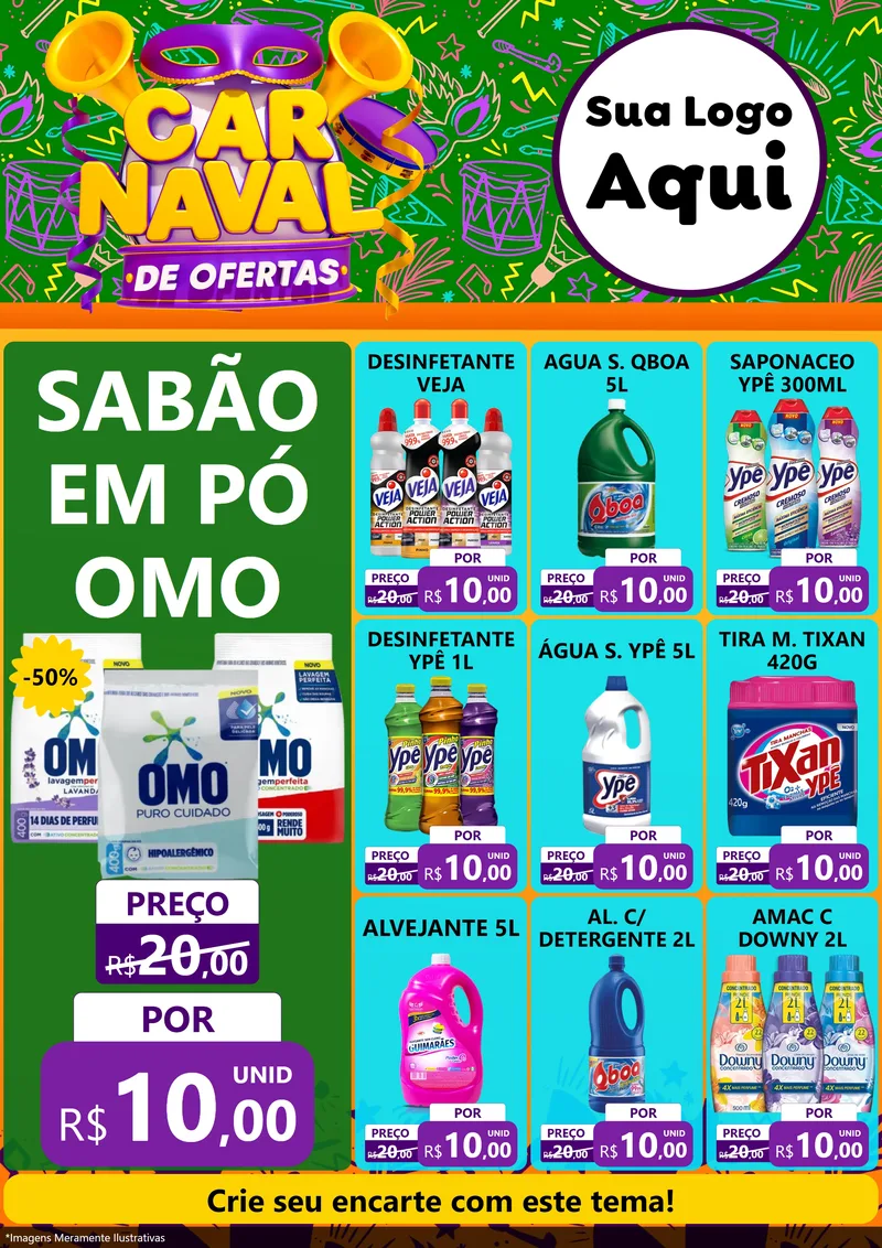 Modelo de Encarte para Encarte A4 Vertical com o tema Carnaval de Ofertas para Produtos de Limpeza