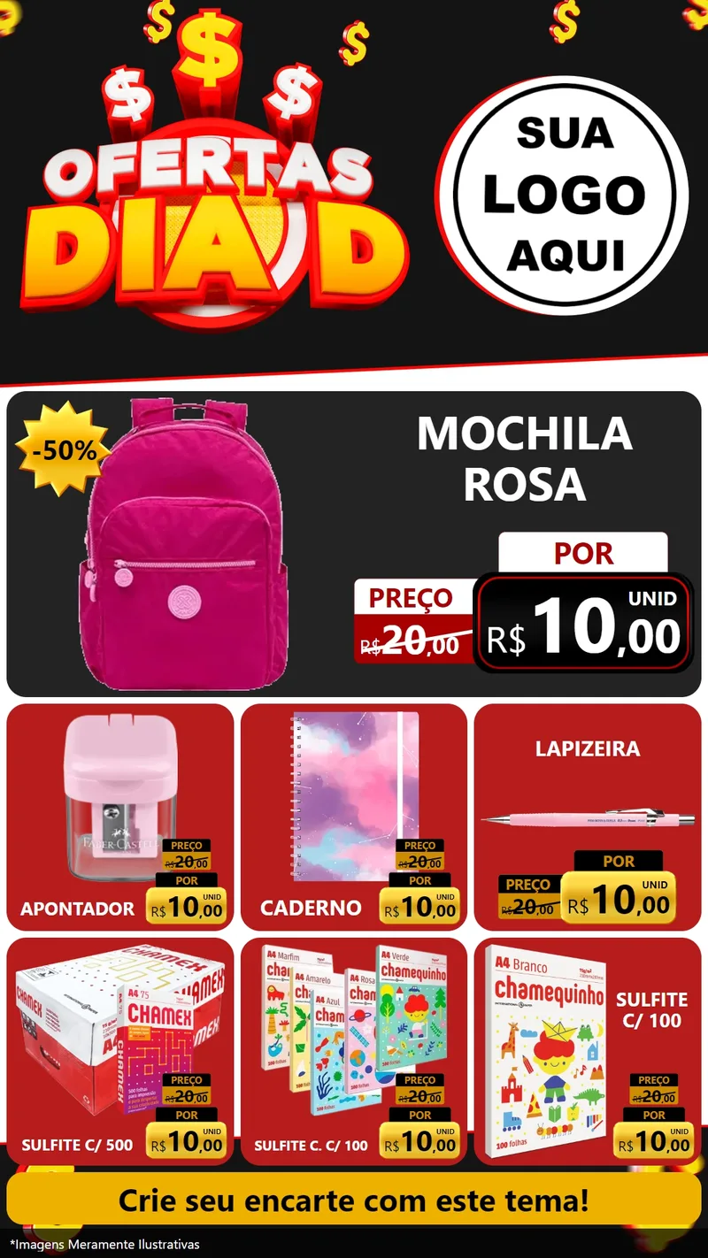 Modelo de Rede Social para Stories com o tema Ofertas Dia D para Papelaria