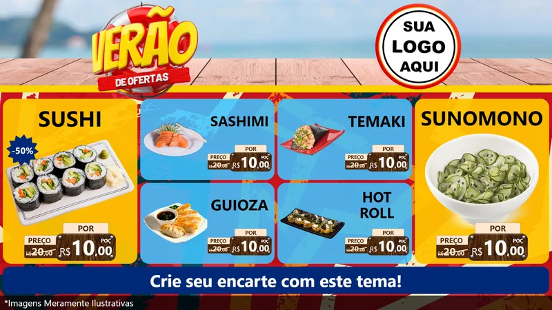 Modelo de TV para TV Horizontal com o tema Verão de Ofertas para Comida japonesa