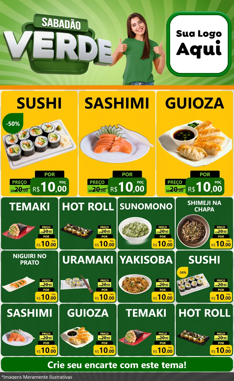 Modelo de Encarte para Encarte Grande com o tema Sabadão Verde para Comida japonesa