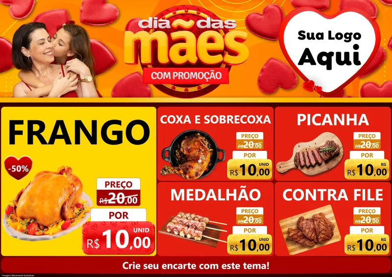 Modelo de Encarte para Encarte A4 Horizontal com o tema Dia das Mães com Promoção para Assados