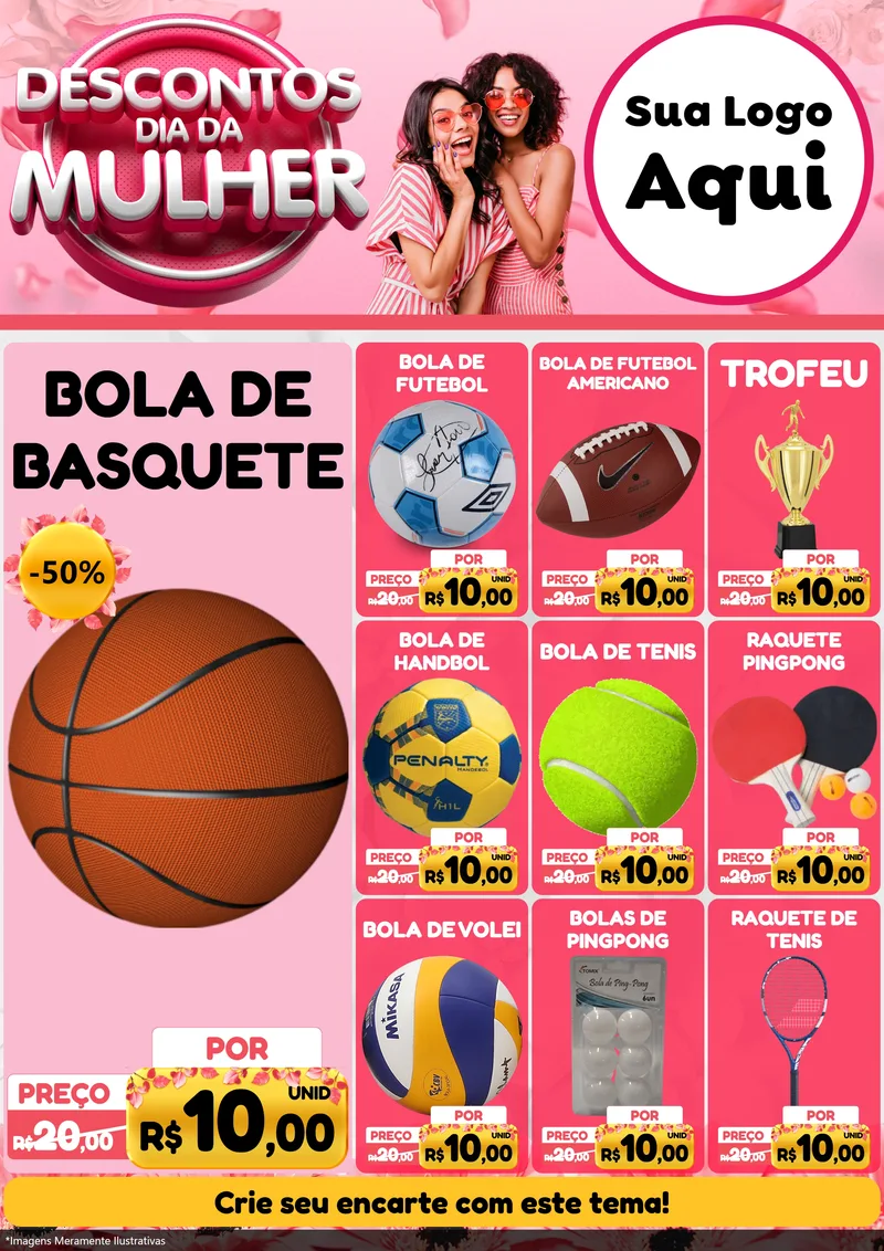 Modelo de Encarte para Encarte A4 Vertical com o tema Descontos Dia da Mulher para Artigos Esportivos