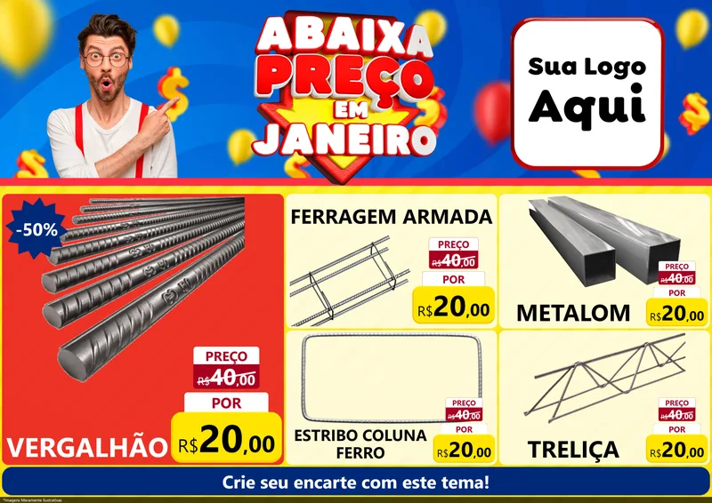 Modelo de Encarte para Encarte A4 Horizontal com o tema Abaixa Preço em Janeiro para Ferragens