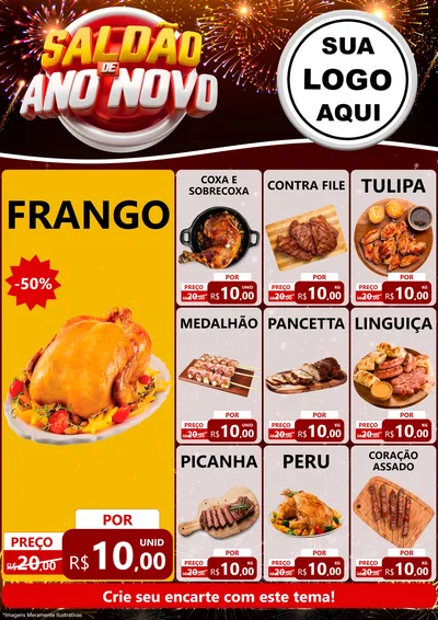 Modelo de Encarte para Encarte A4 Vertical com o tema Saldão de Ano Novo para Assados