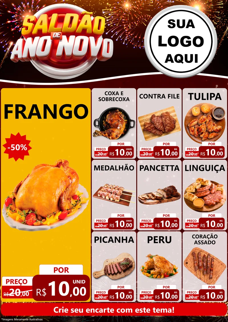 Modelo de Encarte para Encarte A4 Vertical com o tema Saldão de Ano Novo para Assados