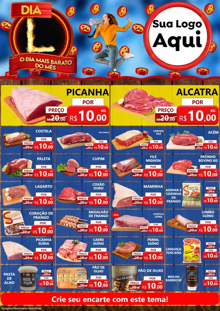 Modelo de Encarte para Encarte A4 Vertical com o tema Dia L - O Dia Mais Barato Do Mês para Açougue