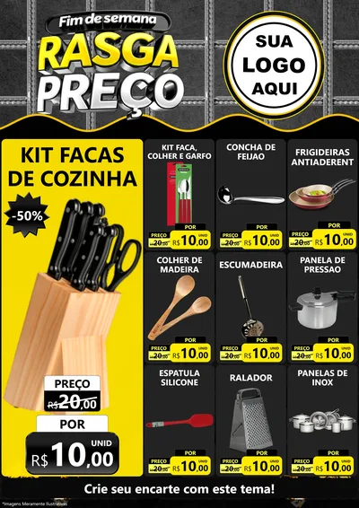 Modelo de Encarte para Encarte A4 Vertical com o tema Fim de Semana Rasga Preço para Utilidades Domésticas