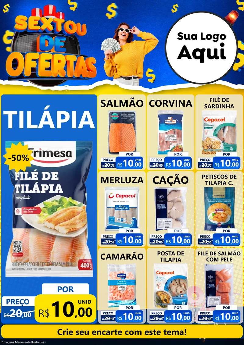 Modelo de Encarte para Encarte A4 Vertical com o tema Sextou de Ofertas para Peixaria